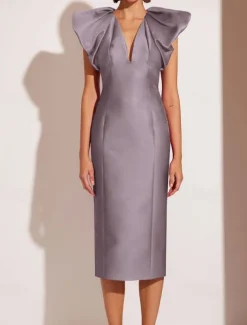 Sheath / Column Cocktail Dresses Elegant Formal Wedding Tea Length Midi Dress Short Sleeve V NeckDress Satin with Pleats