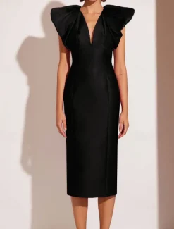 Sheath / Column Cocktail Dresses Elegant Formal Wedding Tea Length Midi Dress Short Sleeve V NeckDress Satin with Pleats