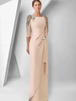 Sheath / Column Dress Mother of the Bride Dress Elegant Jewel Neck Floor Length Stretch Fabric 3/4 Length Sleeve with Lace Embroidery Appliques