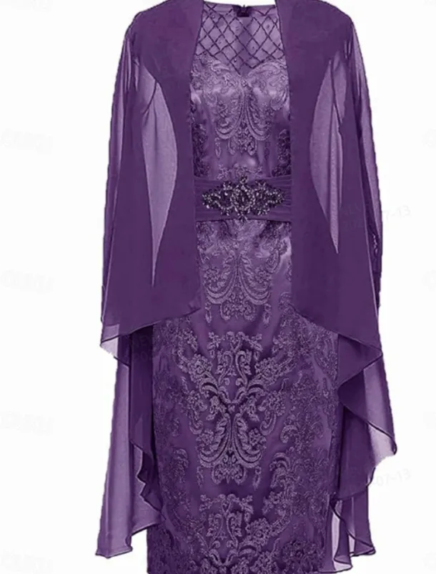 Sheath / Column Dress Sets Mother of the Bride Dress Elegant Simple Crew Neck Knee Length Lace 3/4 Length Sleeve with Solid Color