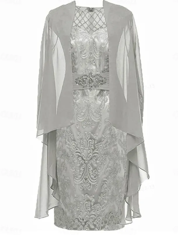 Sheath / Column Dress Sets Mother of the Bride Dress Elegant Simple Crew Neck Knee Length Lace 3/4 Length Sleeve with Solid Color