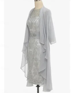 Sheath / Column Dress Sets Mother of the Bride Dress Elegant Simple Crew Neck Knee Length Lace 3/4 Length Sleeve with Solid Color