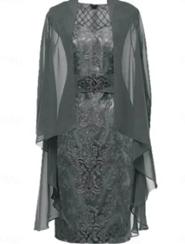 Sheath / Column Dress Sets Mother of the Bride Dress Elegant Simple Crew Neck Knee Length Lace 3/4 Length Sleeve with Solid Color