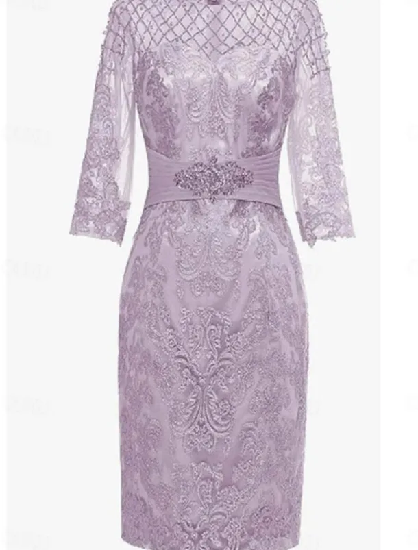 Sheath / Column Dress Sets Mother of the Bride Dress Elegant Simple Crew Neck Knee Length Lace 3/4 Length Sleeve with Solid Color