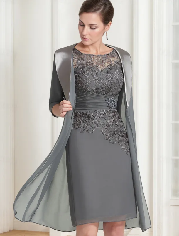 Sheath / Column Dress Suit Mother of the Bride Dress Elegant Vintage Jewel Neck Knee Length Chiffon Lace 3/4 Length Sleeve Jacket Dresses with Lace Ruched Appliques