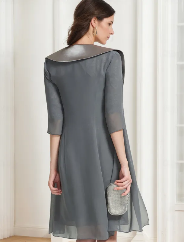 Sheath / Column Dress Suit Mother of the Bride Dress Elegant Vintage Jewel Neck Knee Length Chiffon Lace 3/4 Length Sleeve Jacket Dresses with Lace Ruched Appliques