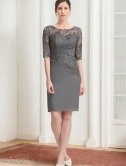 Sheath / Column Dress Suit Mother of the Bride Dress Elegant Vintage Jewel Neck Knee Length Chiffon Lace 3/4 Length Sleeve Jacket Dresses with Lace Ruched Appliques