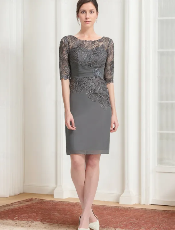 Sheath / Column Dress Suit Mother of the Bride Dress Elegant Vintage Jewel Neck Knee Length Chiffon Lace 3/4 Length Sleeve Jacket Dresses with Lace Ruched Appliques