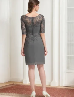 Sheath / Column Dress Suit Mother of the Bride Dress Elegant Vintage Jewel Neck Knee Length Chiffon Lace 3/4 Length Sleeve Jacket Dresses with Lace Ruched Appliques