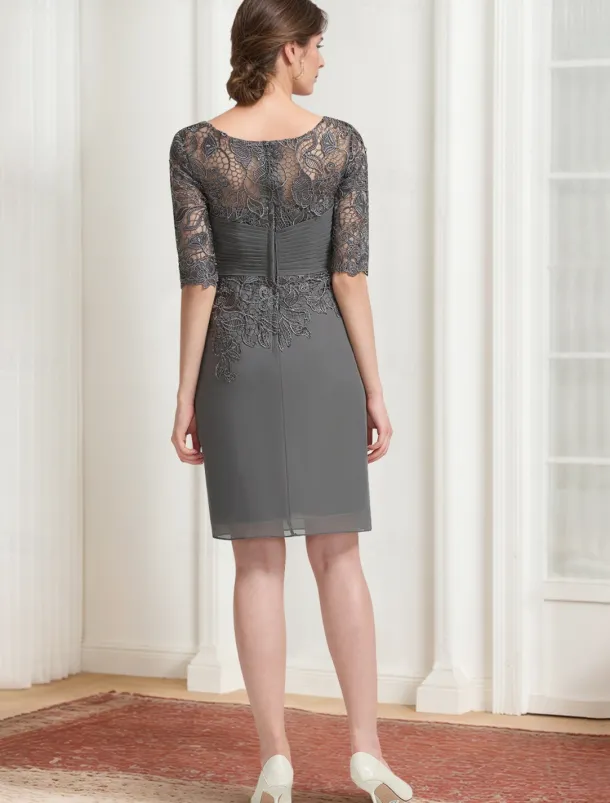 Sheath / Column Dress Suit Mother of the Bride Dress Elegant Vintage Jewel Neck Knee Length Chiffon Lace 3/4 Length Sleeve Jacket Dresses with Lace Ruched Appliques