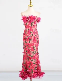 Sheath / Column DressesDress Wedding Wedding Guest Cocktail Dress Sleeveless Off Shoulder Flowers with Embroidered Lace