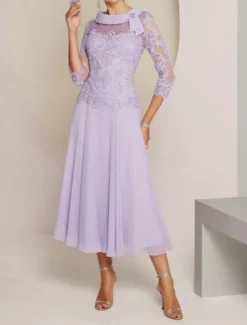 Sheath / Column Mother of the Bride Dress Wedding Guest Party Sweet Scoop Neck Tea Length Chiffon Lace 3/4 Length Sleeve with Pleats Beading free custom size