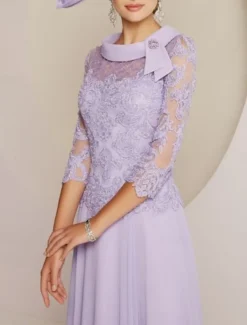 Sheath / Column Mother of the Bride Dress Wedding Guest Party Sweet Scoop Neck Tea Length Chiffon Lace 3/4 Length Sleeve with Pleats Beading free custom size