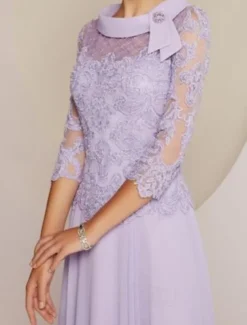 Sheath / Column Mother of the Bride Dress Wedding Guest Party Sweet Scoop Neck Tea Length Chiffon Lace 3/4 Length Sleeve with Pleats Beading free custom size