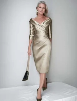 Sheath / Column Mother of the Bride Dress Formal Wedding Guest Elegant Vintage Luxurious V Neck Tea Length Satin Half Sleeve Jacket Dresses with Pleats Race Day Dress
