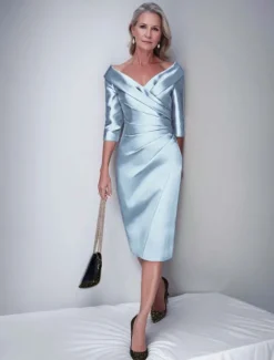 Sheath / Column Mother of the Bride Dress Formal Wedding Guest Elegant Vintage Luxurious V Neck Tea Length Satin Half Sleeve Jacket Dresses with Pleats Race Day Dress