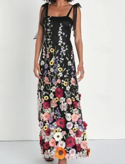 Sheath / Column Prom Dresses Floral Embroidered Lace Dress Prom Floor Length Sleeveless Square Neck with Bows