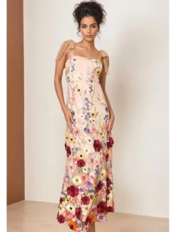 Sheath / Column Prom Dresses Floral Embroidered Lace Dress Prom Floor Length Sleeveless Square Neck with Bows