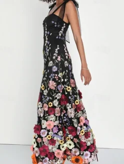 Sheath / Column Prom Dresses Floral Embroidered Lace Dress Prom Floor Length Sleeveless Square Neck with Bows