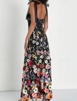 Sheath / Column Prom Dresses Floral Embroidered Lace Dress Prom Floor Length Sleeveless Square Neck with Bows