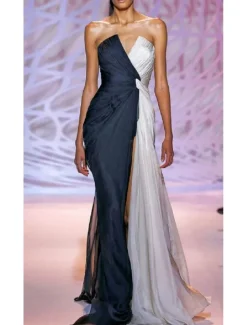 Sheath Black Dress Evening Gown Color Block Dress Wedding Guest Party Wear Sweep / Brush Train Sleeveless Strapless with Slit dress to impress