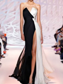 Sheath Black Dress Evening Gown Color Block Dress Wedding Guest Party Wear Sweep / Brush Train Sleeveless Strapless with Slit dress to impress