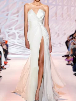 Sheath Black Dress Evening Gown Color Block Dress Wedding Guest Party Wear Sweep / Brush Train Sleeveless Strapless with Slit dress to impress