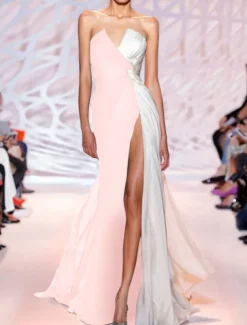 Sheath Black Dress Evening Gown Color Block Dress Wedding Guest Party Wear Sweep / Brush Train Sleeveless Strapless with Slit dress to impress