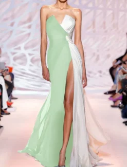 Sheath Black Dress Evening Gown Color Block Dress Wedding Guest Party Wear Sweep / Brush Train Sleeveless Strapless with Slit dress to impress