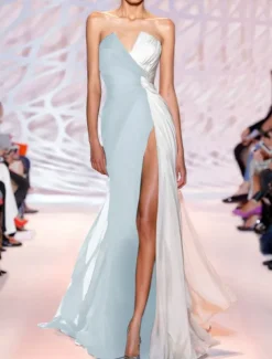 Sheath Black Dress Evening Gown Color Block Dress Wedding Guest Party Wear Sweep / Brush Train Sleeveless Strapless with Slit dress to impress