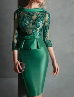 Sheath Cocktail Dresses Elegant Dress Engagement Knee Length 3/4 Length Sleeve Jewel Neck Fall Wedding Guest Satin with Buttons Appliques Race Day Dress