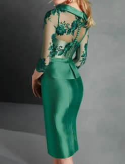 Sheath Cocktail Dresses Elegant Dress Engagement Knee Length 3/4 Length Sleeve Jewel Neck Fall Wedding Guest Satin with Buttons Appliques Race Day Dress