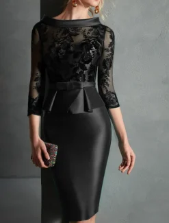 Sheath Cocktail Dresses Elegant Dress Engagement Knee Length 3/4 Length Sleeve Jewel Neck Fall Wedding Guest Satin with Buttons Appliques Race Day Dress