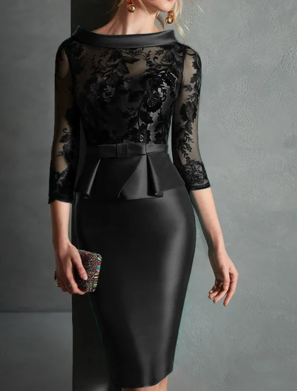 Sheath Cocktail Dresses Elegant Dress Engagement Knee Length 3/4 Length Sleeve Jewel Neck Fall Wedding Guest Satin with Buttons Appliques Race Day Dress