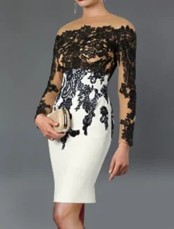 Sheath Cocktail Dresses Elegant Dress Kentucky Tea Length Long Sleeve Off Shoulder Stretch Fabric with Appliques Dresses