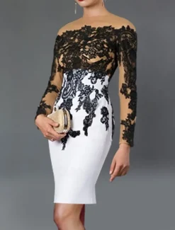 Sheath Cocktail Dresses Elegant Dress Kentucky Tea Length Long Sleeve Off Shoulder Stretch Fabric with Appliques Dresses