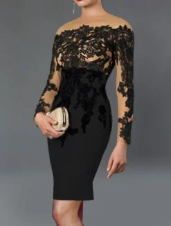 Sheath Cocktail Dresses Elegant Dress Kentucky Tea Length Long Sleeve Off Shoulder Stretch Fabric with Appliques Dresses