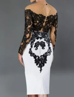 Sheath Cocktail Dresses Elegant Dress Kentucky Tea Length Long Sleeve Off Shoulder Stretch Fabric with Appliques Dresses