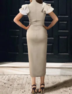 Sheath Cocktail Dresses Elegant Dress Formal WorkWear Ankle Length Sleeveless High Neck Stretch Fabric with Slit Appliques Dresses