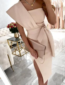 Sheath Cocktail Dresses Elegant Dress Wedding Guest Prom Tea Length Sleeveless One Shoulder Stretch Fabric with Slit Pure Color Strappy Dresses