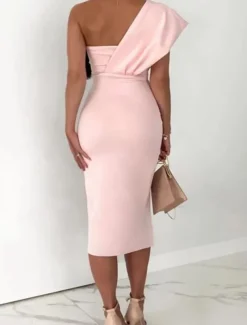 Sheath Cocktail Dresses Elegant Dress Wedding Guest Prom Tea Length Sleeveless One Shoulder Stretch Fabric with Slit Pure Color Strappy Dresses