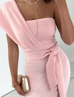 Sheath Cocktail Dresses Elegant Dress Wedding Guest Prom Tea Length Sleeveless One Shoulder Stretch Fabric with Slit Pure Color Strappy Dresses