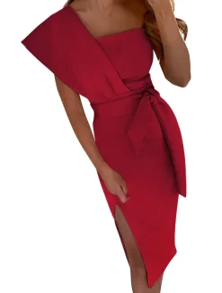 Sheath Cocktail Dresses Elegant Dress Wedding Guest Prom Tea Length Sleeveless One Shoulder Stretch Fabric with Slit Pure Color Strappy Dresses