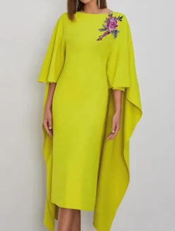 Sheath Cocktail Dresses Elegant Dress Formal Wedding Guest Tea Length Short Sleeve Jewel Neck Capes Stretch Crepe with Appliques Dresses