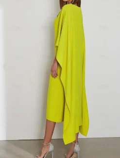 Sheath Cocktail Dresses Elegant Dress Formal Wedding Guest Tea Length Short Sleeve Jewel Neck Capes Stretch Crepe with Appliques Dresses