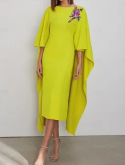 Sheath Cocktail Dresses Elegant Dress Formal Wedding Guest Tea Length Short Sleeve Jewel Neck Capes Stretch Crepe with Appliques Dresses
