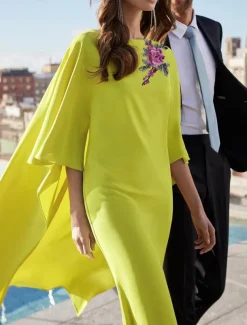 Sheath Cocktail Dresses Elegant Dress Formal Wedding Guest Tea Length Short Sleeve Jewel Neck Capes Stretch Crepe with Appliques Dresses