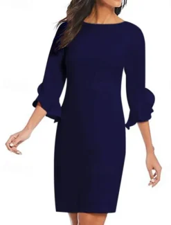 Sheath Cocktail Dresses Minimalist Dress Cocktail Party Knee Length 3/4 Length Sleeve Jewel Neck Fall Wedding Guest Chiffon with Ruffles Dresses