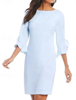 Sheath Cocktail Dresses Minimalist Dress Cocktail Party Knee Length 3/4 Length Sleeve Jewel Neck Fall Wedding Guest Chiffon with Ruffles Dresses