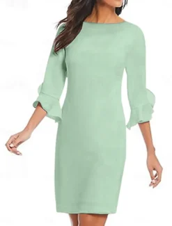 Sheath Cocktail Dresses Minimalist Dress Cocktail Party Knee Length 3/4 Length Sleeve Jewel Neck Fall Wedding Guest Chiffon with Ruffles Dresses